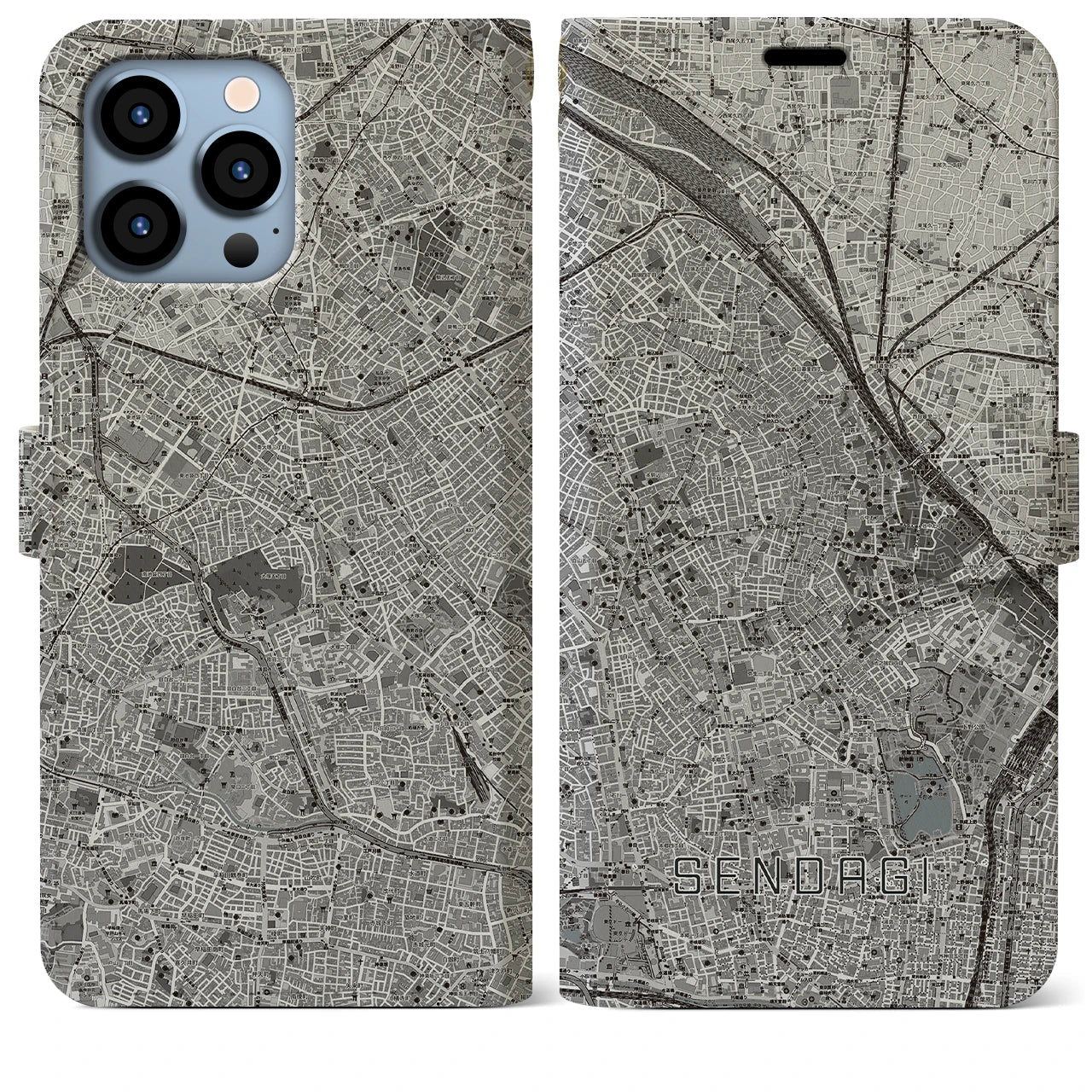 【千駄木(東京都)】地図柄iPhoneケース(手帳タイプ)モノトーン・iPhone 13 Pro Max 用