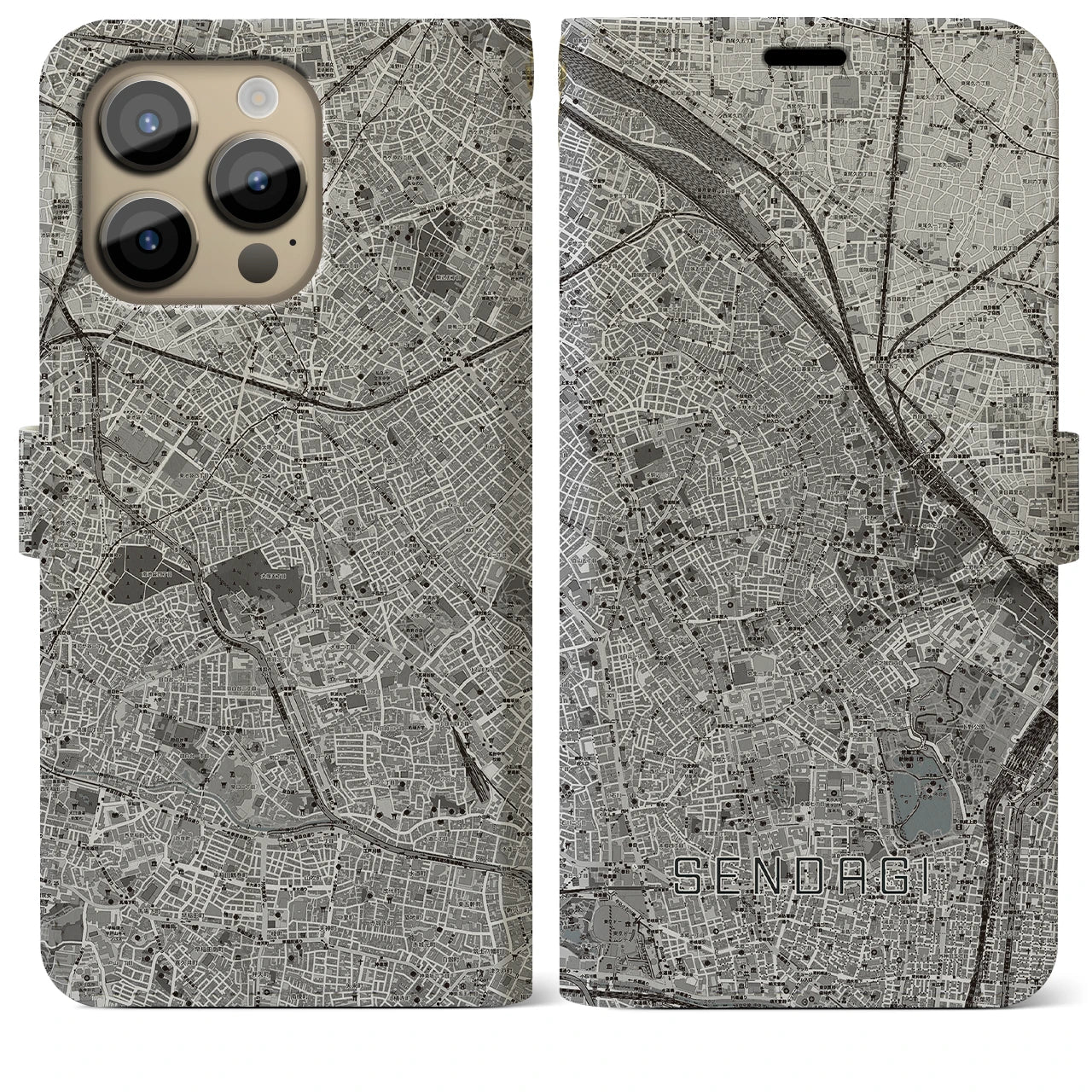 【千駄木(東京都)】地図柄iPhoneケース(手帳タイプ)モノトーン・iPhone 14 Pro Max 用