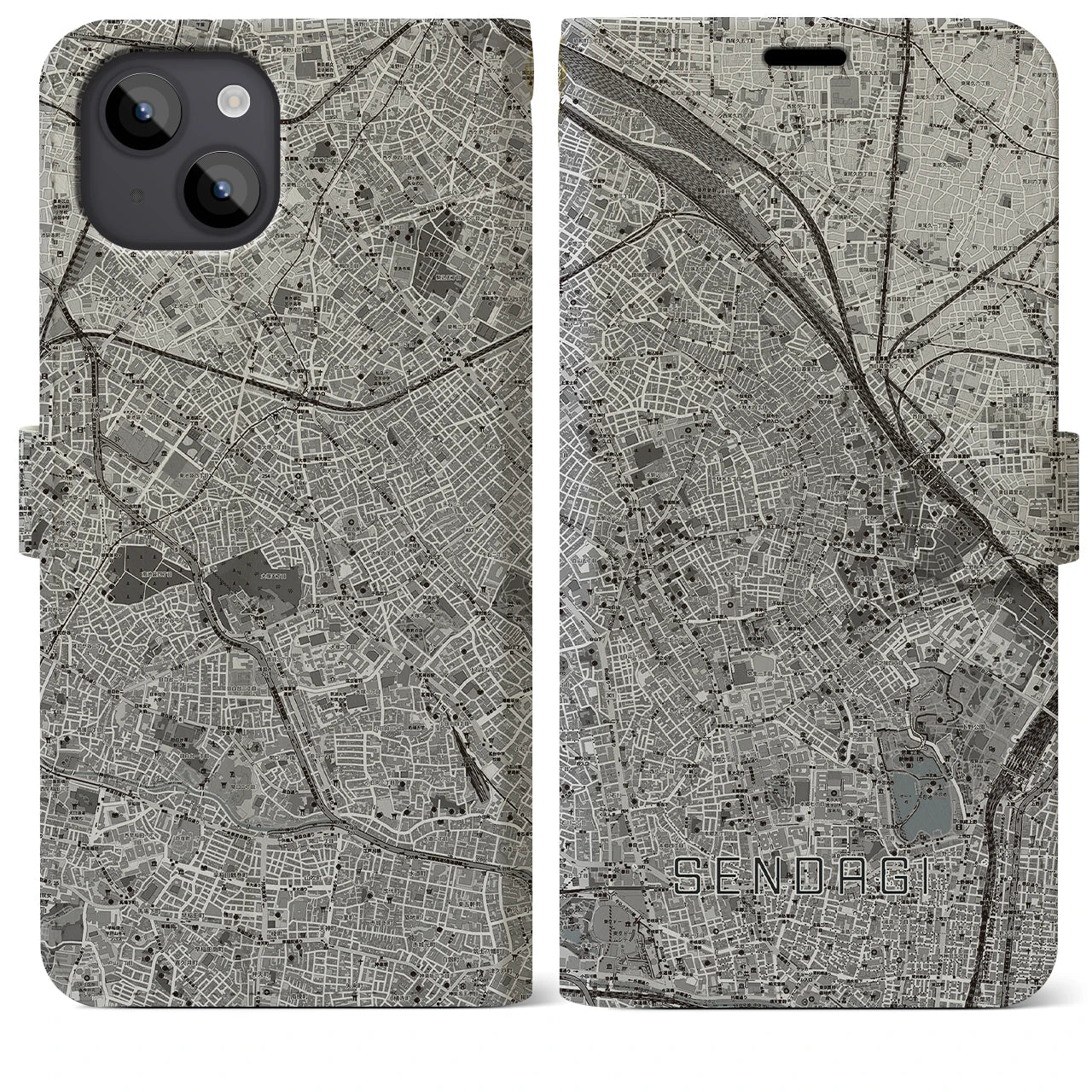 【千駄木(東京都)】地図柄iPhoneケース(手帳タイプ)モノトーン・iPhone 14 Plus 用