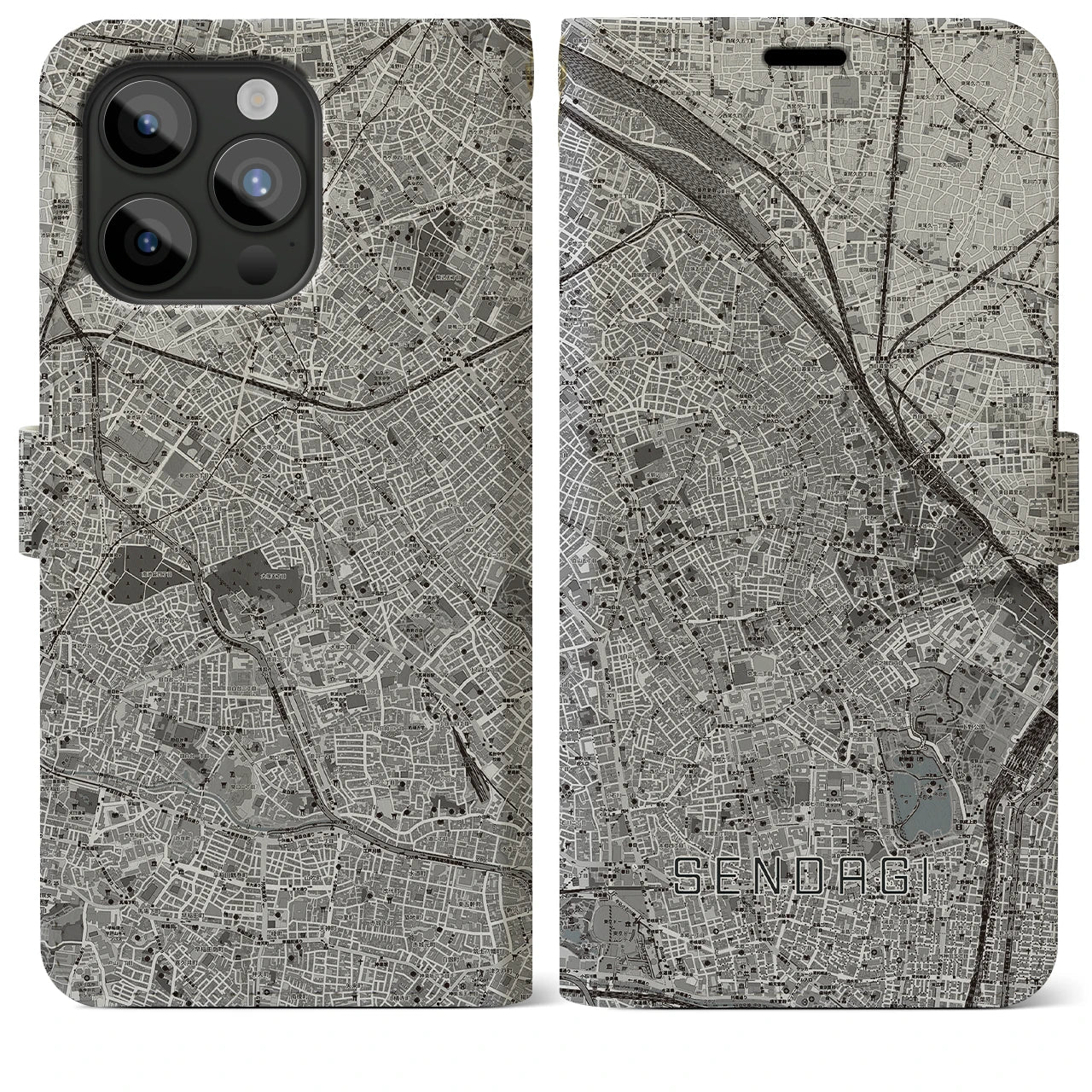 【千駄木(東京都)】地図柄iPhoneケース(手帳タイプ)モノトーン・iPhone 15 Pro Max 用
