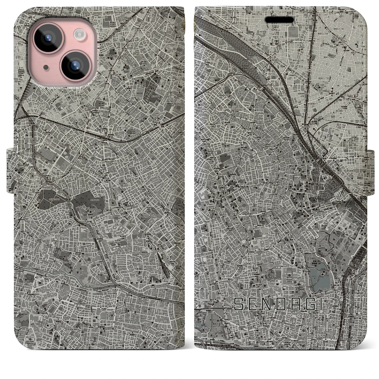【千駄木(東京都)】地図柄iPhoneケース(手帳タイプ)モノトーン・iPhone 15 Plus 用