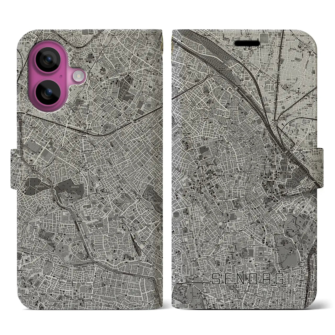 【千駄木(東京都)】地図柄iPhoneケース(手帳タイプ)モノトーン・iPhone 16 Pro 用