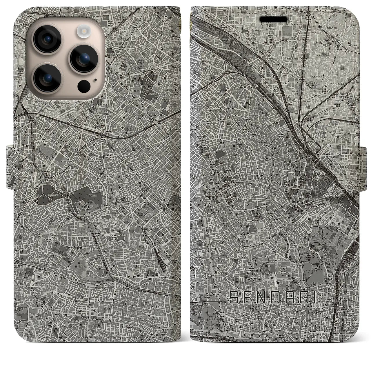 【千駄木(東京都)】地図柄iPhoneケース(手帳タイプ)モノトーン・iPhone 16 Plus 用