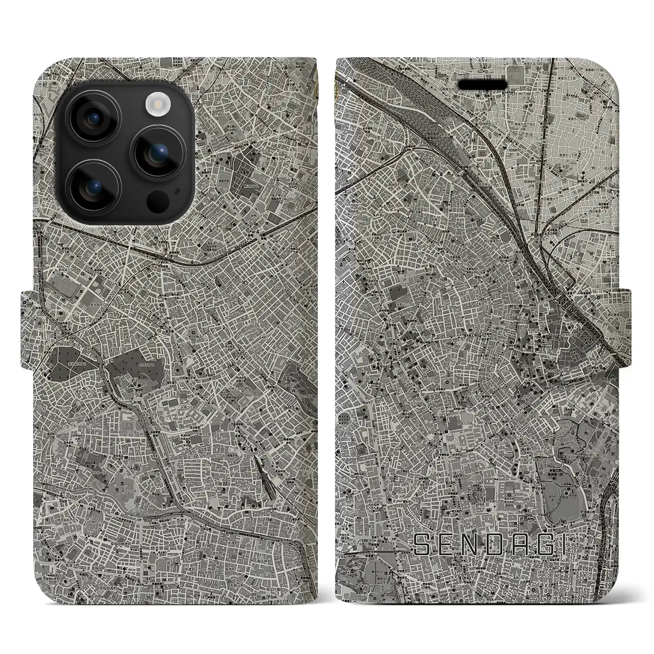 【千駄木(東京都)】地図柄iPhoneケース(手帳タイプ)モノトーン・iPhone 16 用