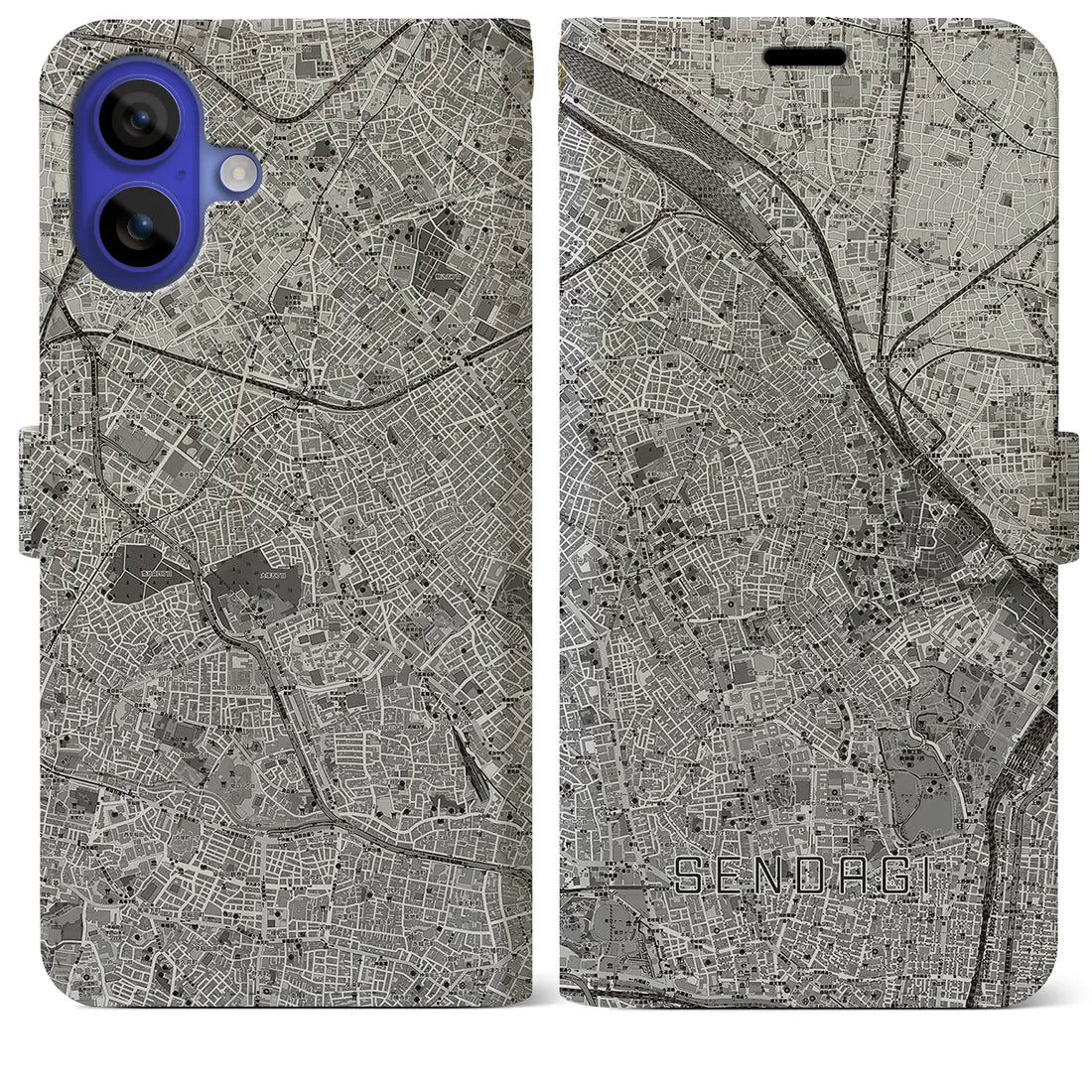 【千駄木(東京都)】地図柄iPhoneケース(手帳タイプ)モノトーン・iPhone 16 Pro Max 用