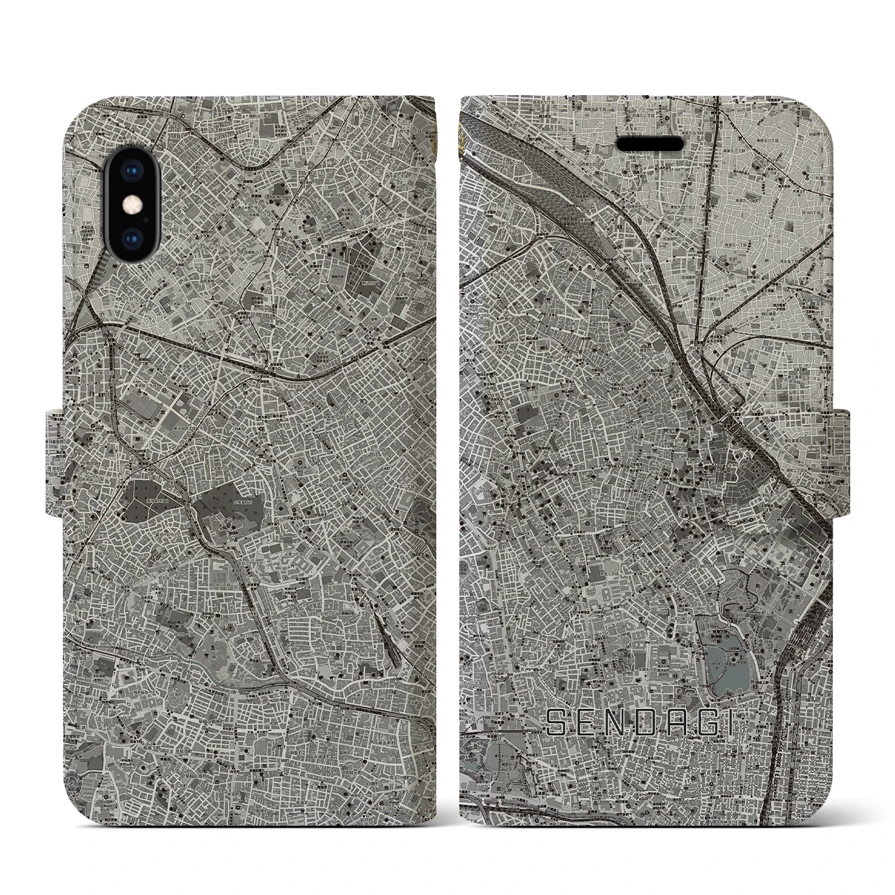 【千駄木(東京都)】地図柄iPhoneケース(手帳タイプ)モノトーン・iPhone XS / X 用
