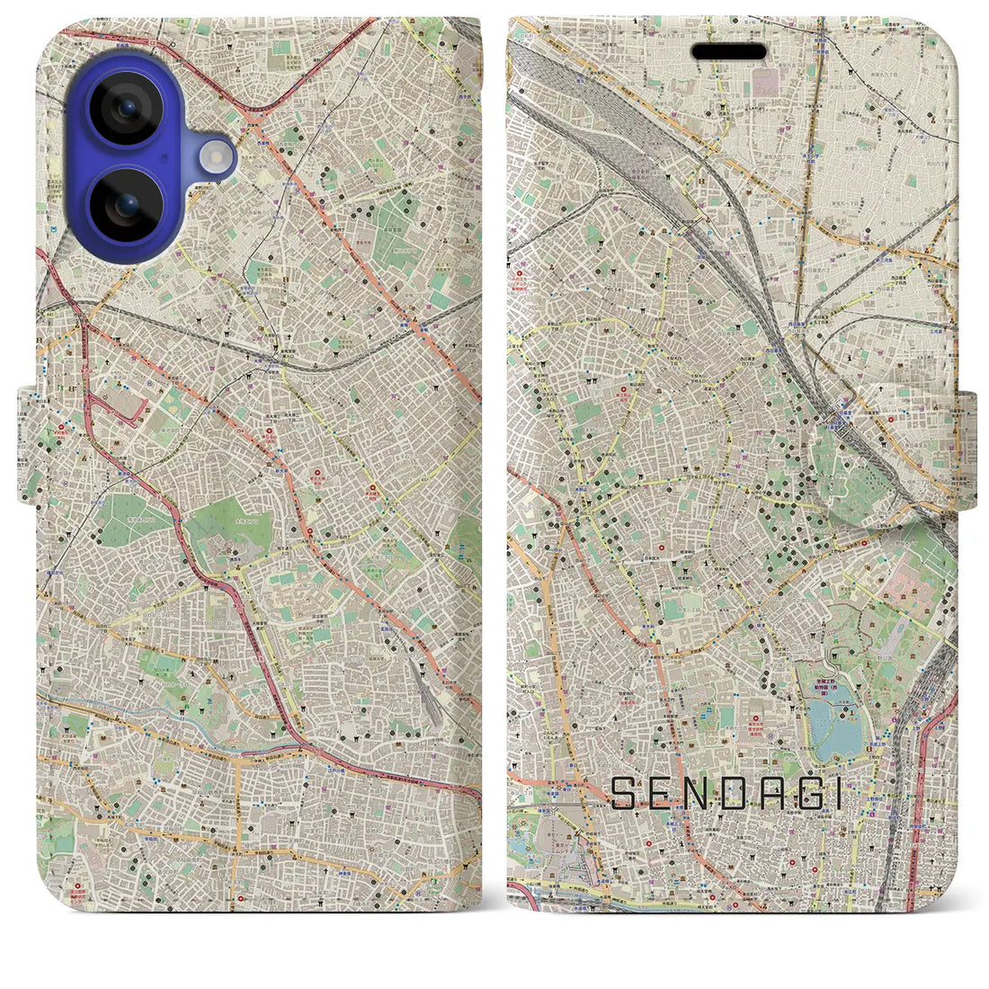 【千駄木(東京都)】地図柄iPhoneケース(手帳タイプ)ナチュラル・iPhone 16 Pro Max 用