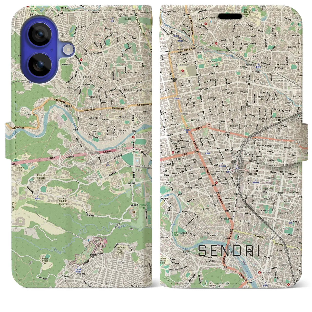 【仙台2(宮城県)】地図柄iPhoneケース(手帳タイプ)モノトーン・iPhone 16 Pro Max 用