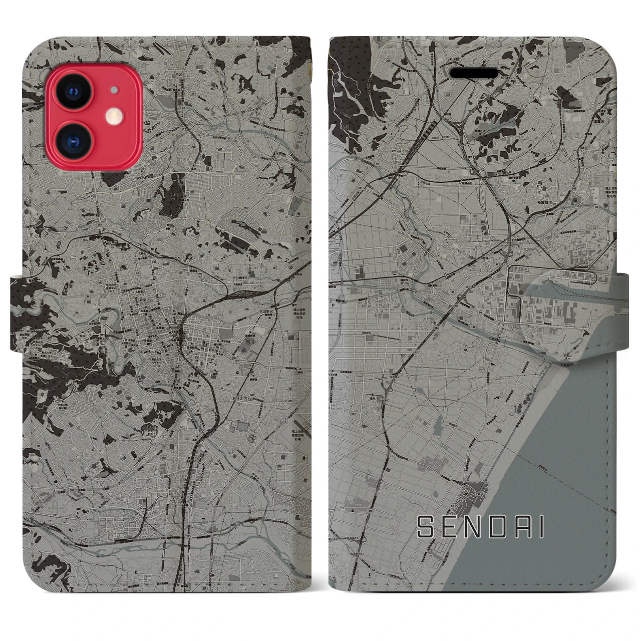【仙台(宮城県)】地図柄iPhoneケース(手帳タイプ)モノトーン・iPhone 11 用
