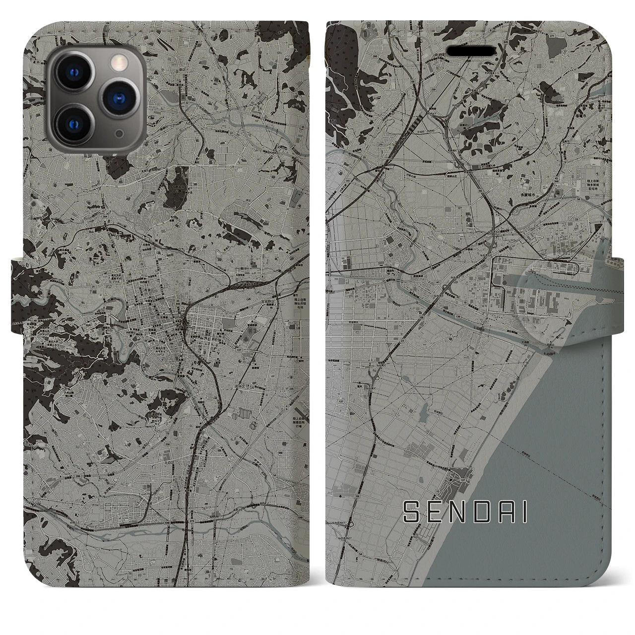【仙台(宮城県)】地図柄iPhoneケース(手帳タイプ)モノトーン・iPhone 11 Pro Max 用