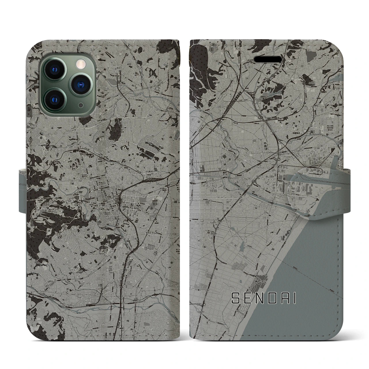 【仙台(宮城県)】地図柄iPhoneケース(手帳タイプ)モノトーン・iPhone 11 Pro 用