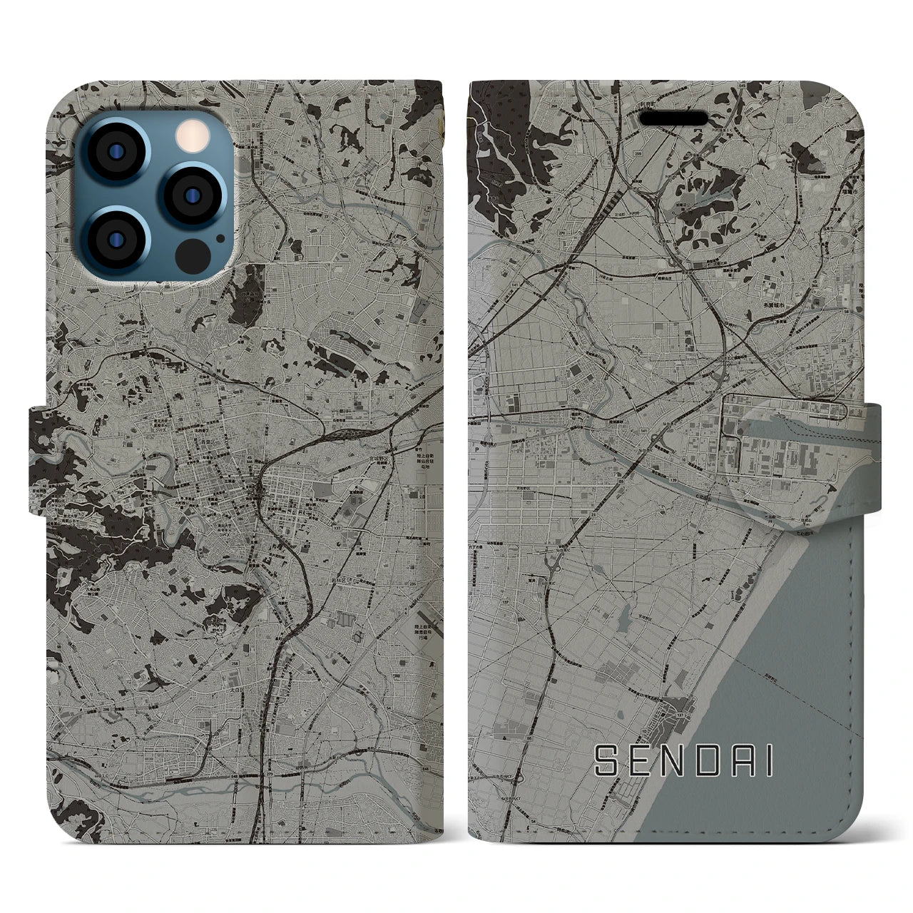 【仙台(宮城県)】地図柄iPhoneケース(手帳タイプ)モノトーン・iPhone 12 / 12 Pro 用