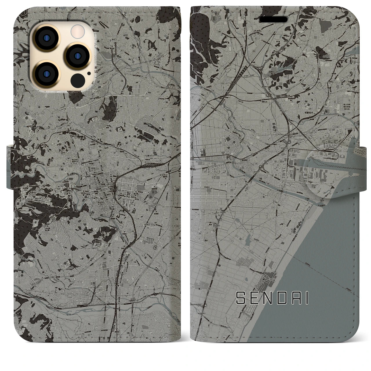 【仙台(宮城県)】地図柄iPhoneケース(手帳タイプ)モノトーン・iPhone 12 Pro Max 用