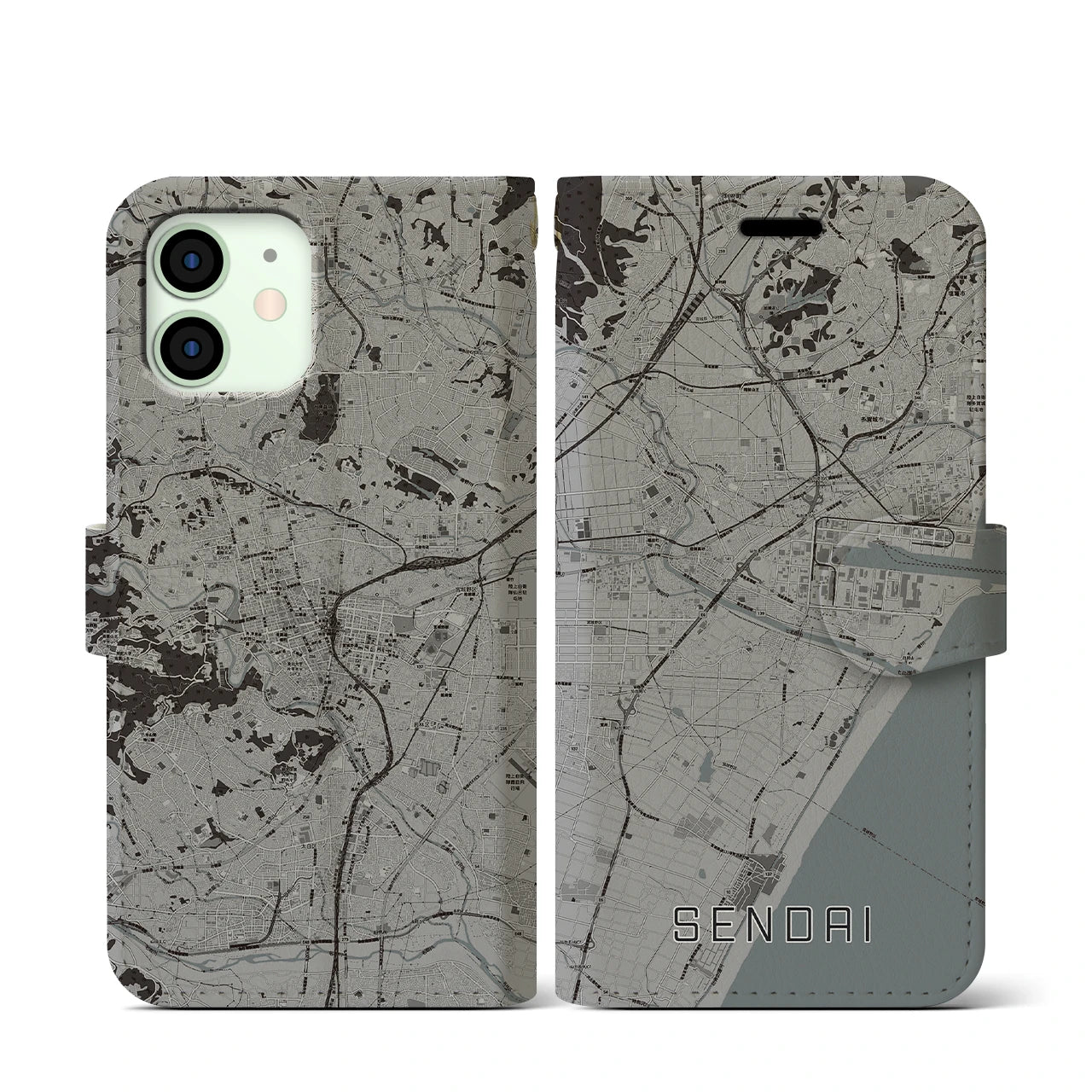 【仙台(宮城県)】地図柄iPhoneケース(手帳タイプ)モノトーン・iPhone 12 mini 用