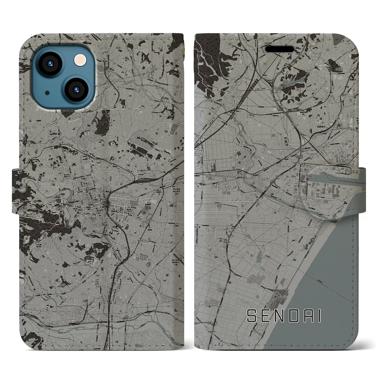 【仙台(宮城県)】地図柄iPhoneケース(手帳タイプ)モノトーン・iPhone 13 用