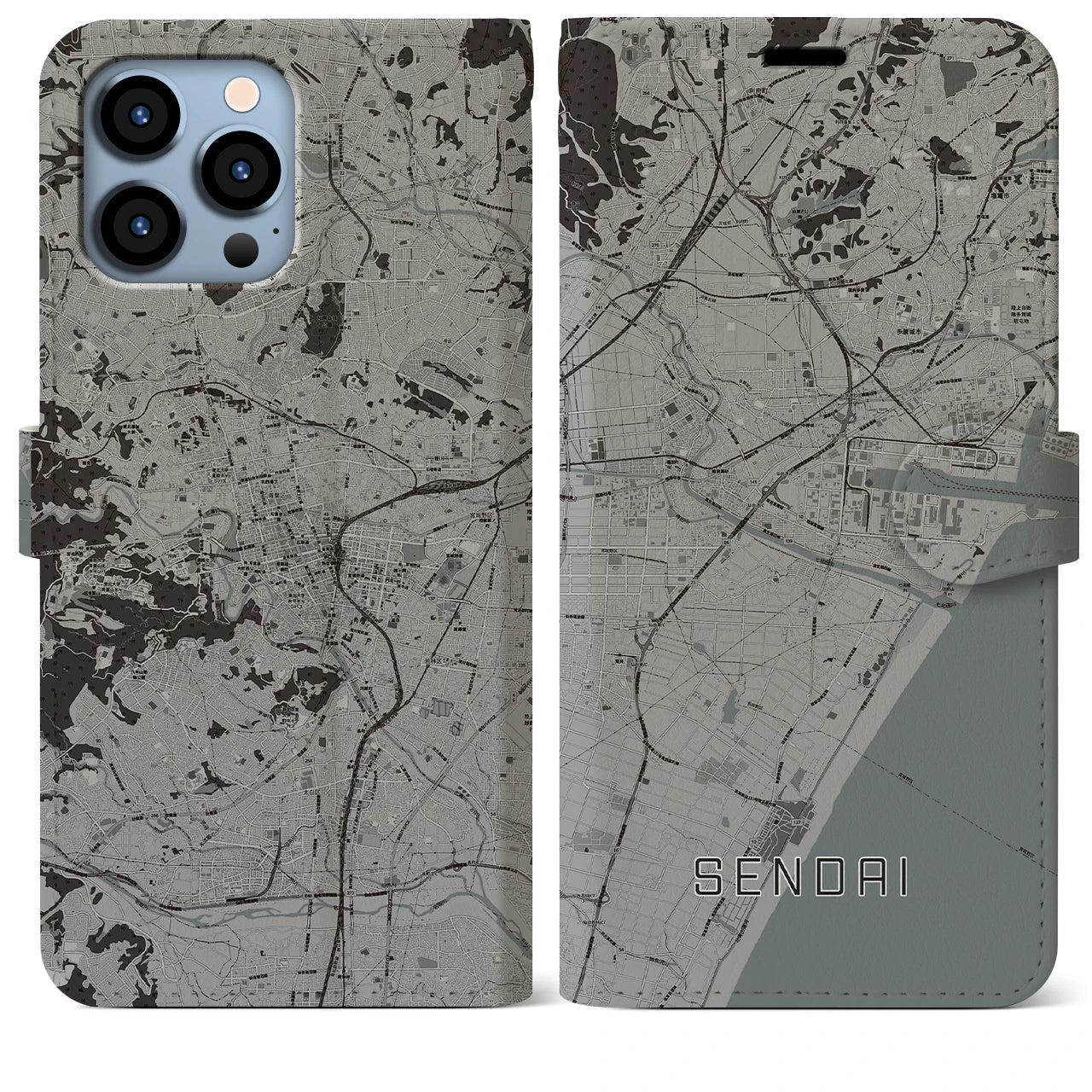【仙台(宮城県)】地図柄iPhoneケース(手帳タイプ)モノトーン・iPhone 13 Pro Max 用