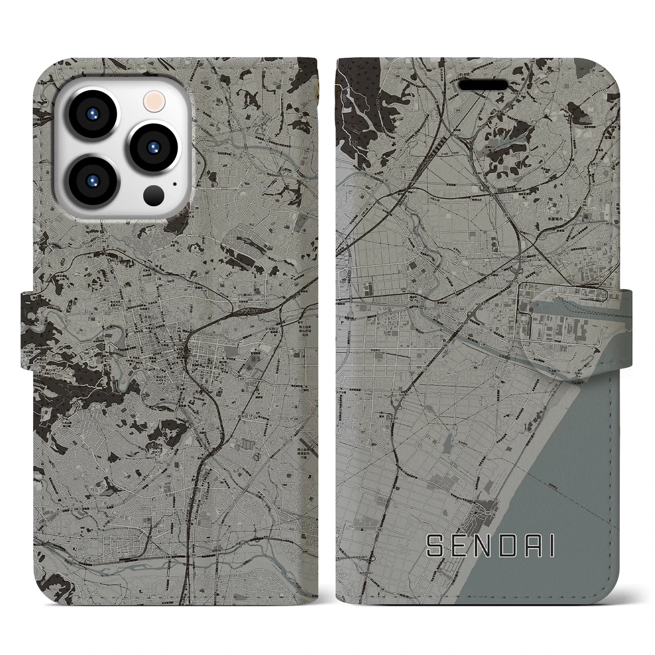 【仙台(宮城県)】地図柄iPhoneケース(手帳タイプ)モノトーン・iPhone 13 Pro 用