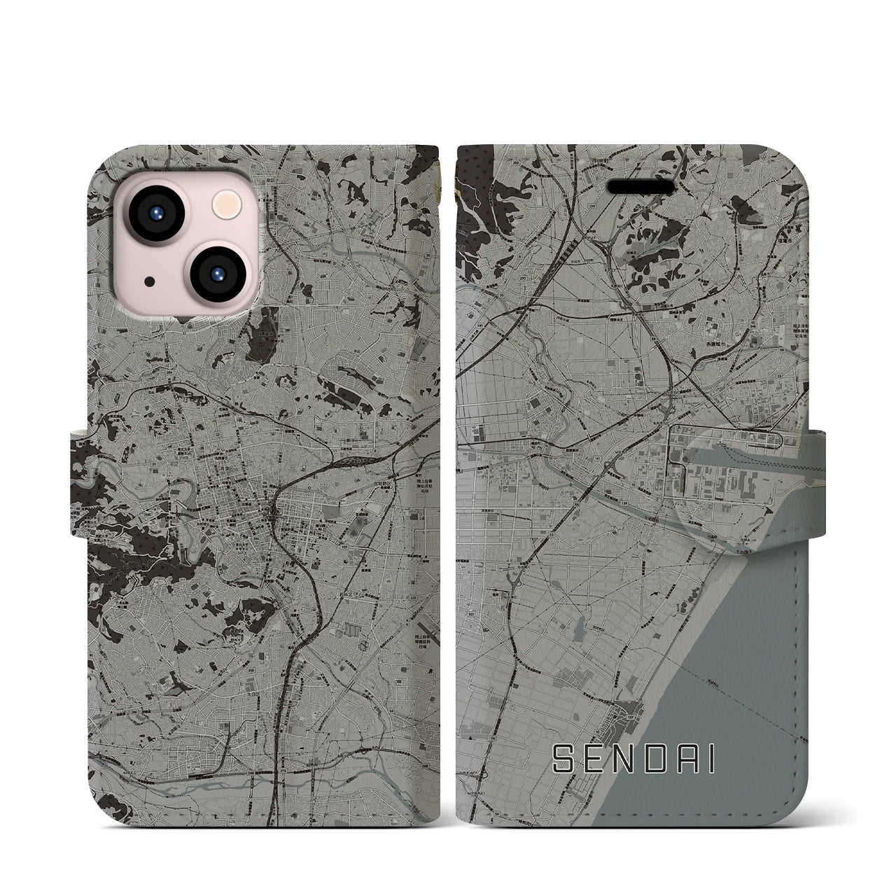 【仙台(宮城県)】地図柄iPhoneケース(手帳タイプ)モノトーン・iPhone 13 mini 用