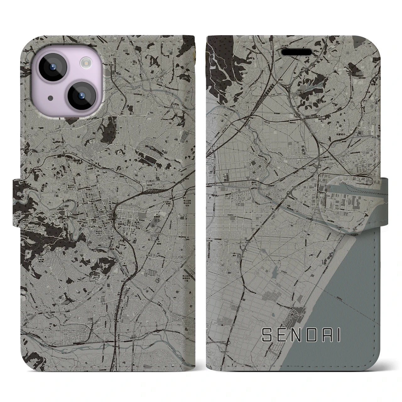 【仙台(宮城県)】地図柄iPhoneケース(手帳タイプ)モノトーン・iPhone 14 用