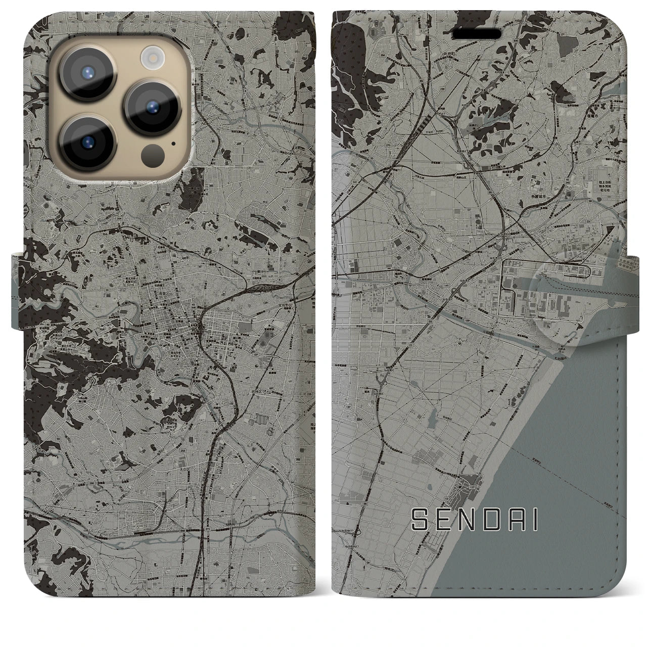 【仙台(宮城県)】地図柄iPhoneケース(手帳タイプ)モノトーン・iPhone 14 Pro Max 用