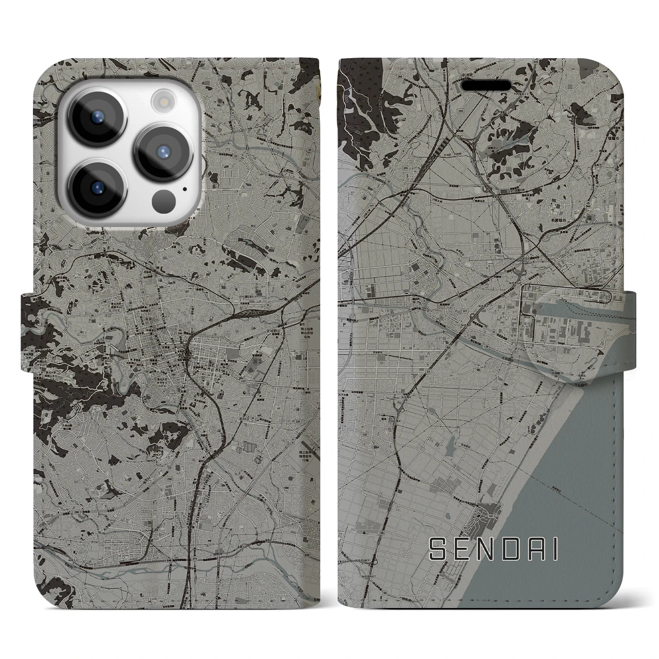 【仙台(宮城県)】地図柄iPhoneケース(手帳タイプ)モノトーン・iPhone 14 Pro 用