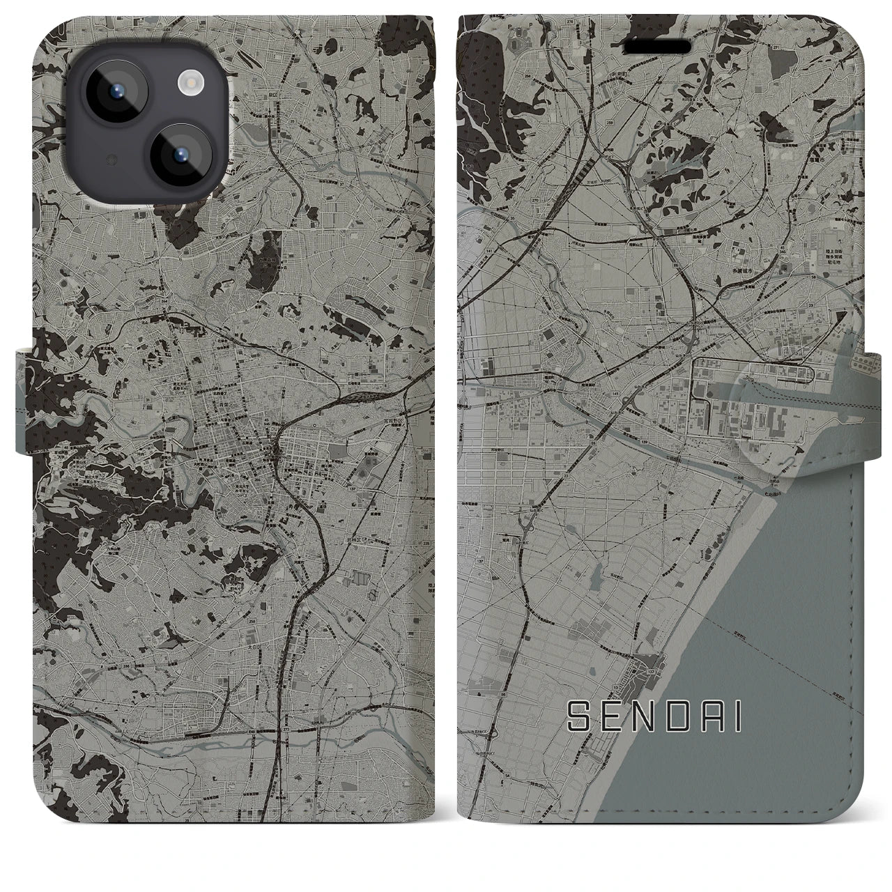 【仙台(宮城県)】地図柄iPhoneケース(手帳タイプ)モノトーン・iPhone 14 Plus 用
