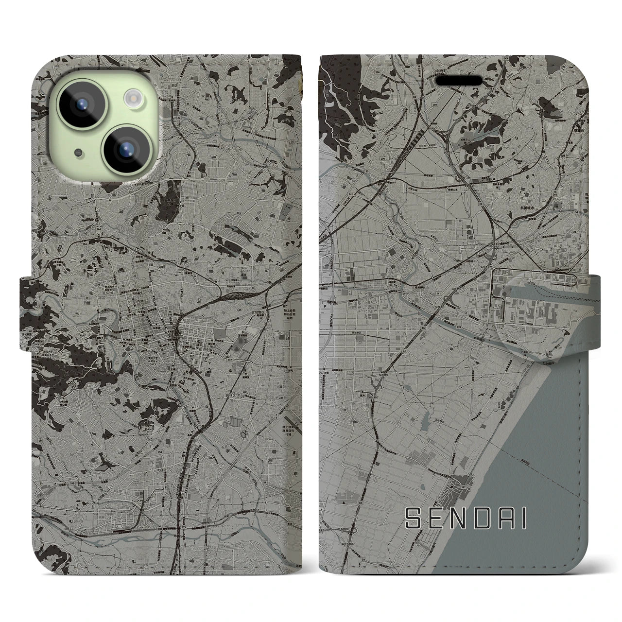 【仙台(宮城県)】地図柄iPhoneケース(手帳タイプ)モノトーン・iPhone 15 用