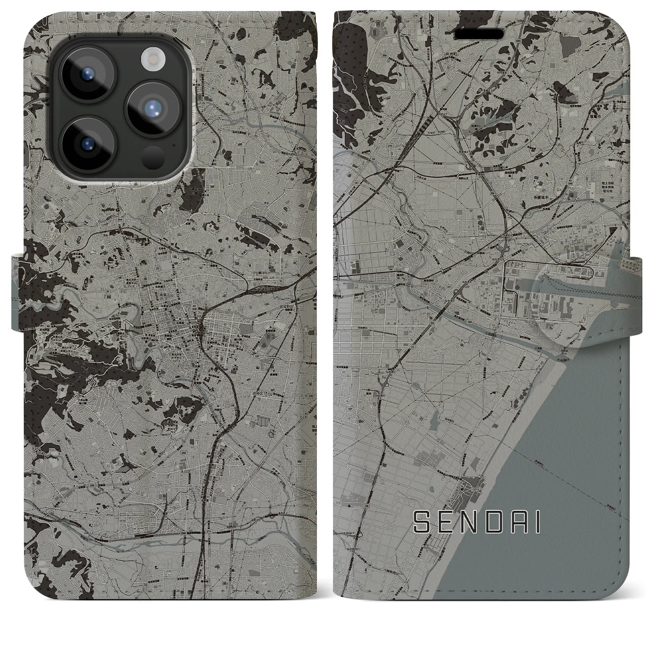 【仙台(宮城県)】地図柄iPhoneケース(手帳タイプ)モノトーン・iPhone 15 Pro Max 用