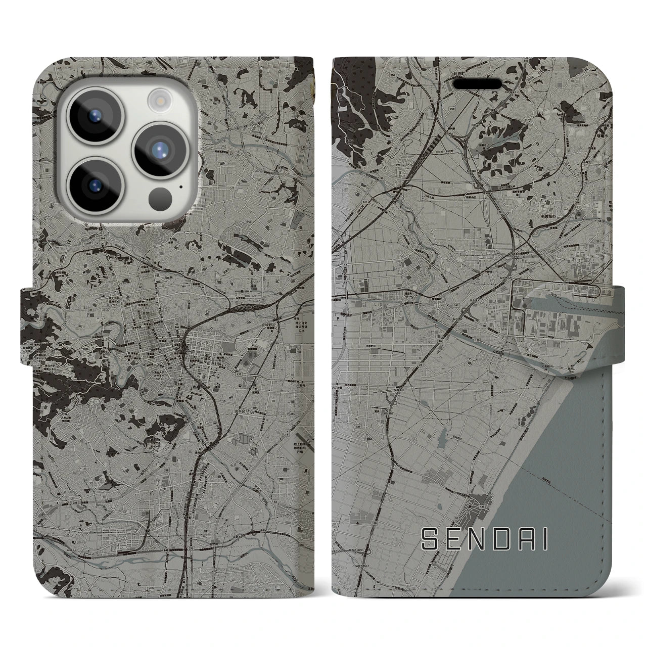 【仙台(宮城県)】地図柄iPhoneケース(手帳タイプ)モノトーン・iPhone 15 Pro 用