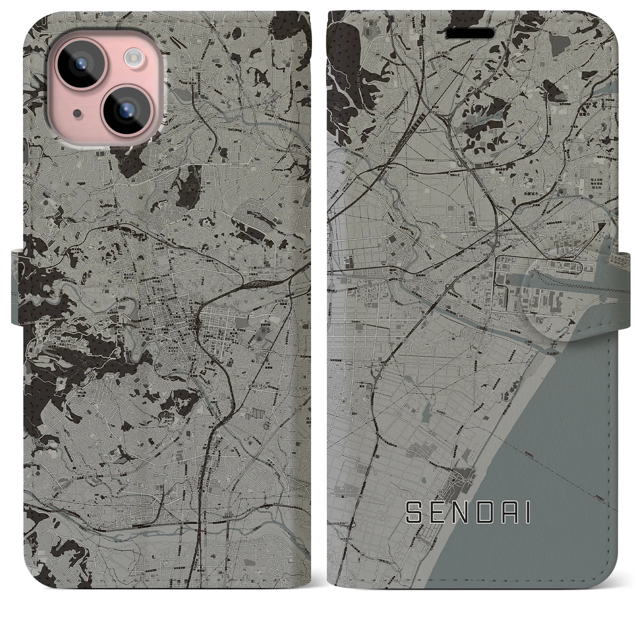 【仙台(宮城県)】地図柄iPhoneケース(手帳タイプ)モノトーン・iPhone 15 Plus 用