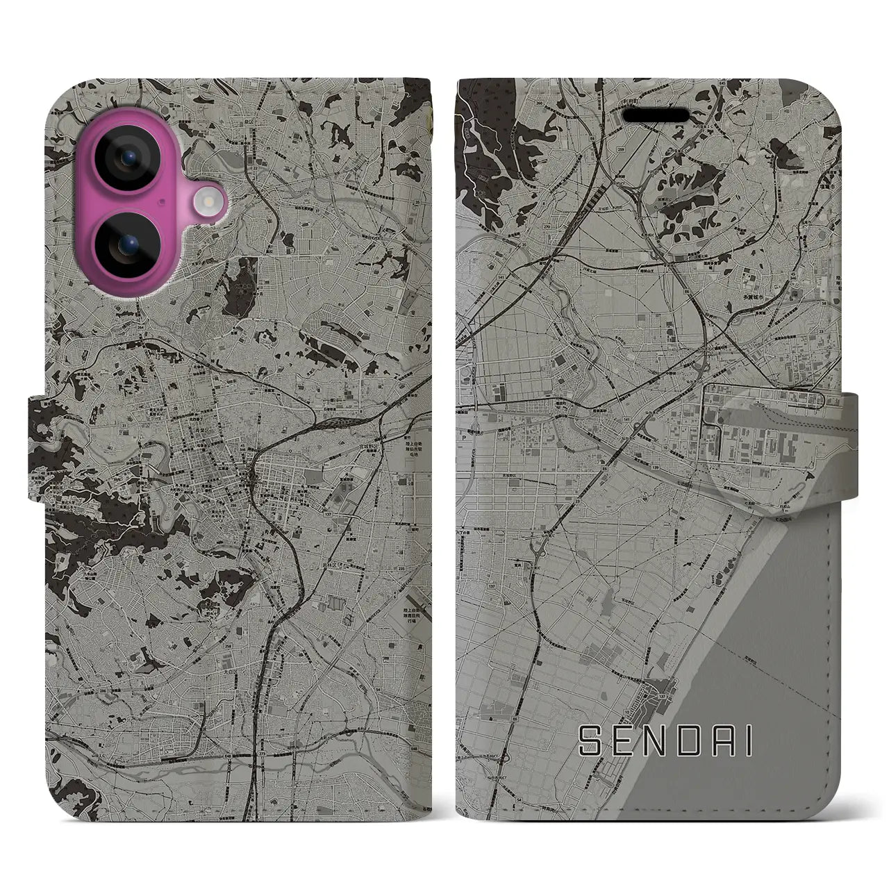 【仙台(宮城県)】地図柄iPhoneケース(手帳タイプ)モノトーン・iPhone 16 Pro 用