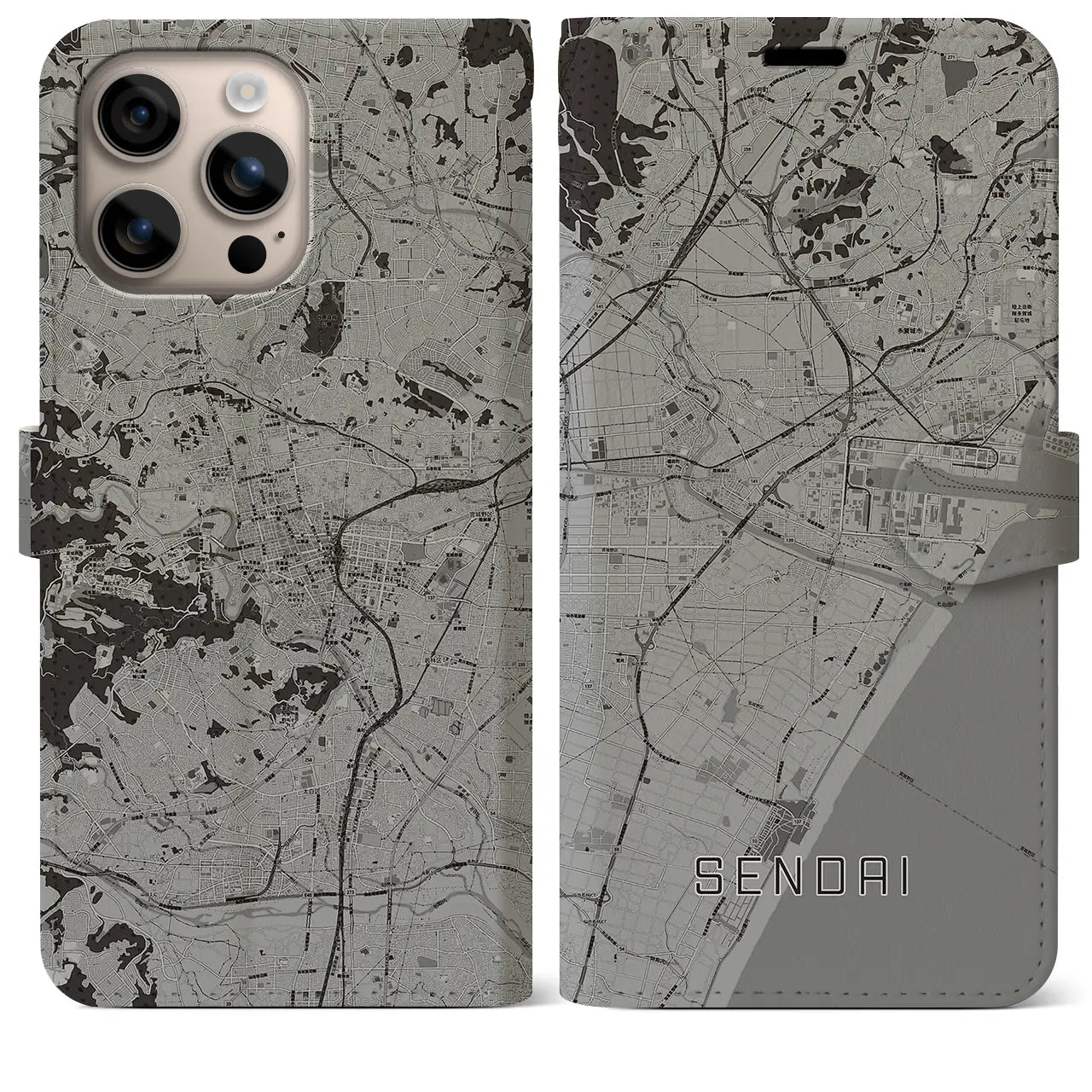 【仙台(宮城県)】地図柄iPhoneケース(手帳タイプ)モノトーン・iPhone 16 Plus 用