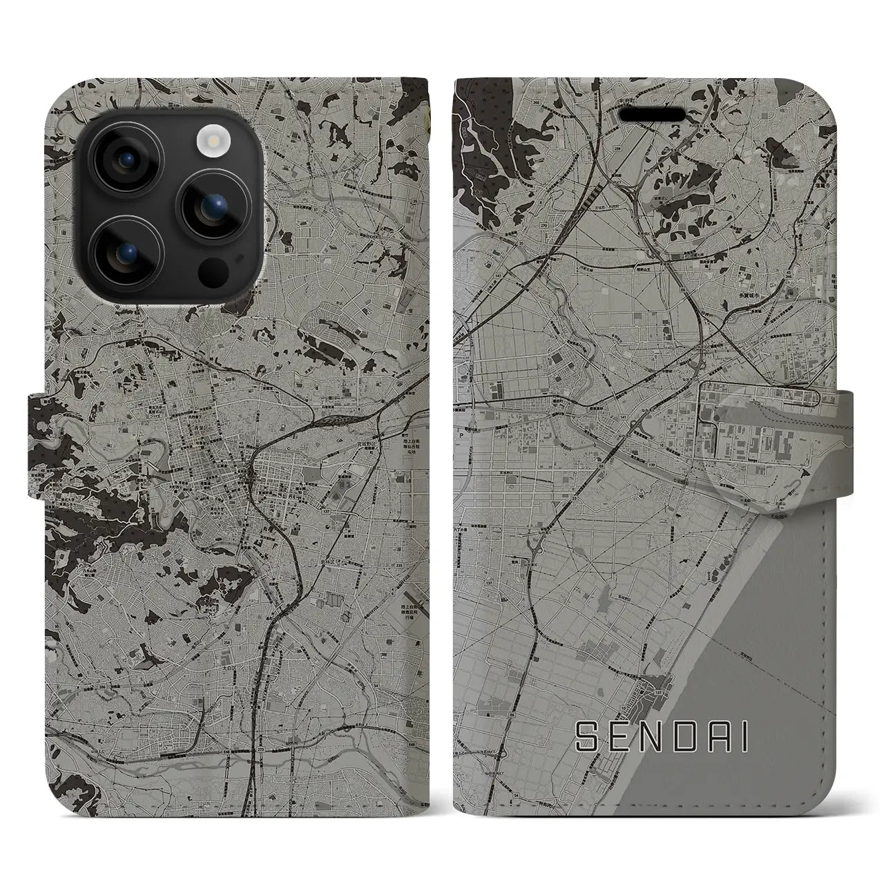 【仙台(宮城県)】地図柄iPhoneケース(手帳タイプ)モノトーン・iPhone 16 用