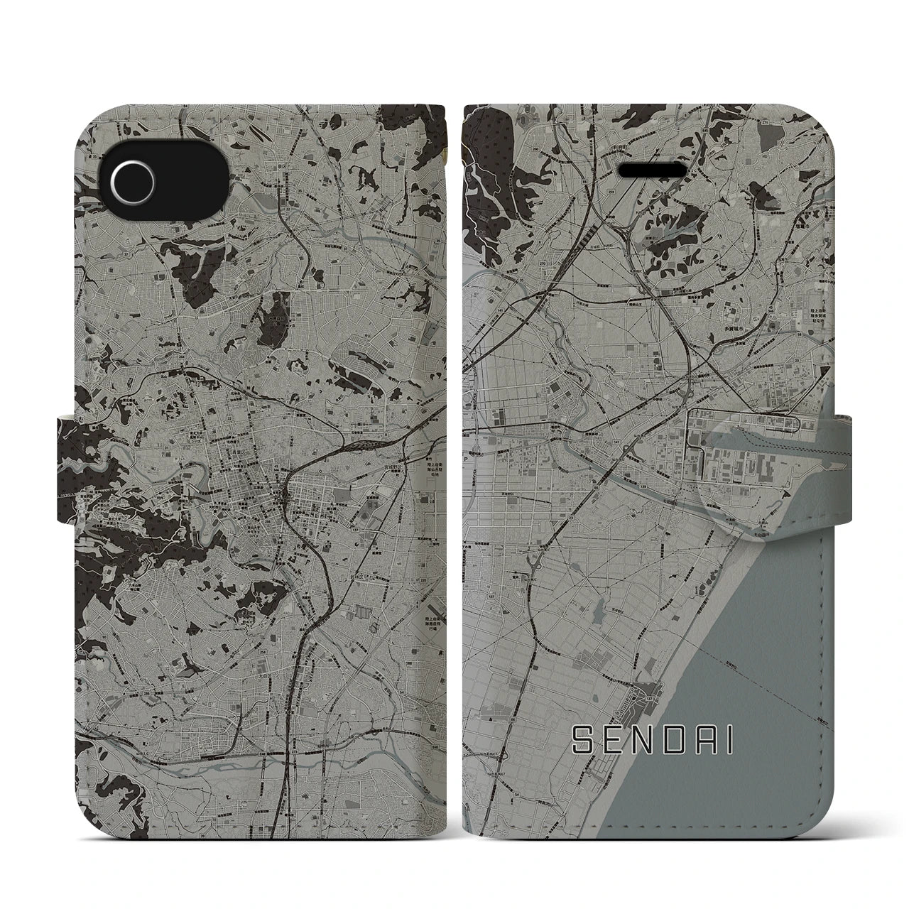 【仙台(宮城県)】地図柄iPhoneケース(手帳タイプ)モノトーン・iPhone SE(第3 / 第2世代) / 8 / 7 / 6s / 6 用