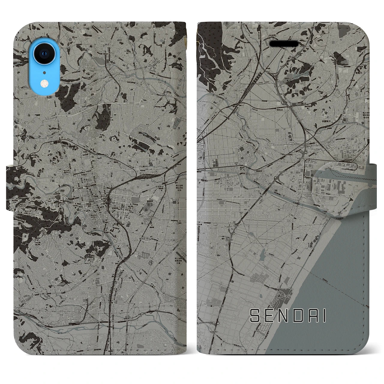 【仙台(宮城県)】地図柄iPhoneケース(手帳タイプ)モノトーン・iPhone XR 用