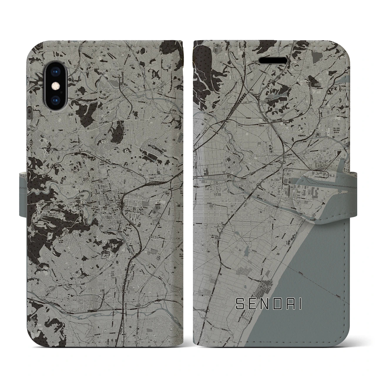 【仙台(宮城県)】地図柄iPhoneケース(手帳タイプ)モノトーン・iPhone XS / X 用
