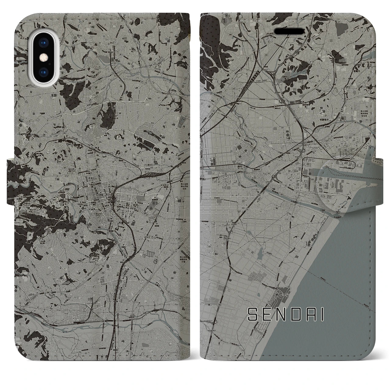 【仙台(宮城県)】地図柄iPhoneケース(手帳タイプ)モノトーン・iPhone XS Max 用