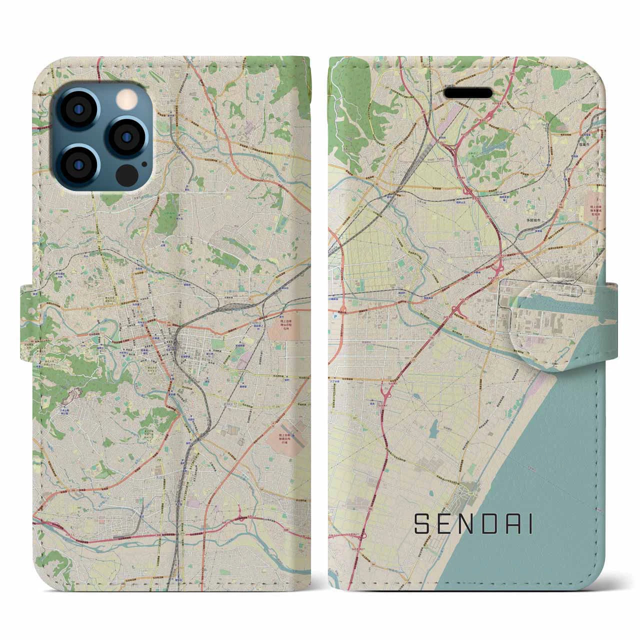 【仙台(宮城県)】地図柄iPhoneケース(手帳タイプ)ナチュラル・iPhone 12 / 12 Pro 用