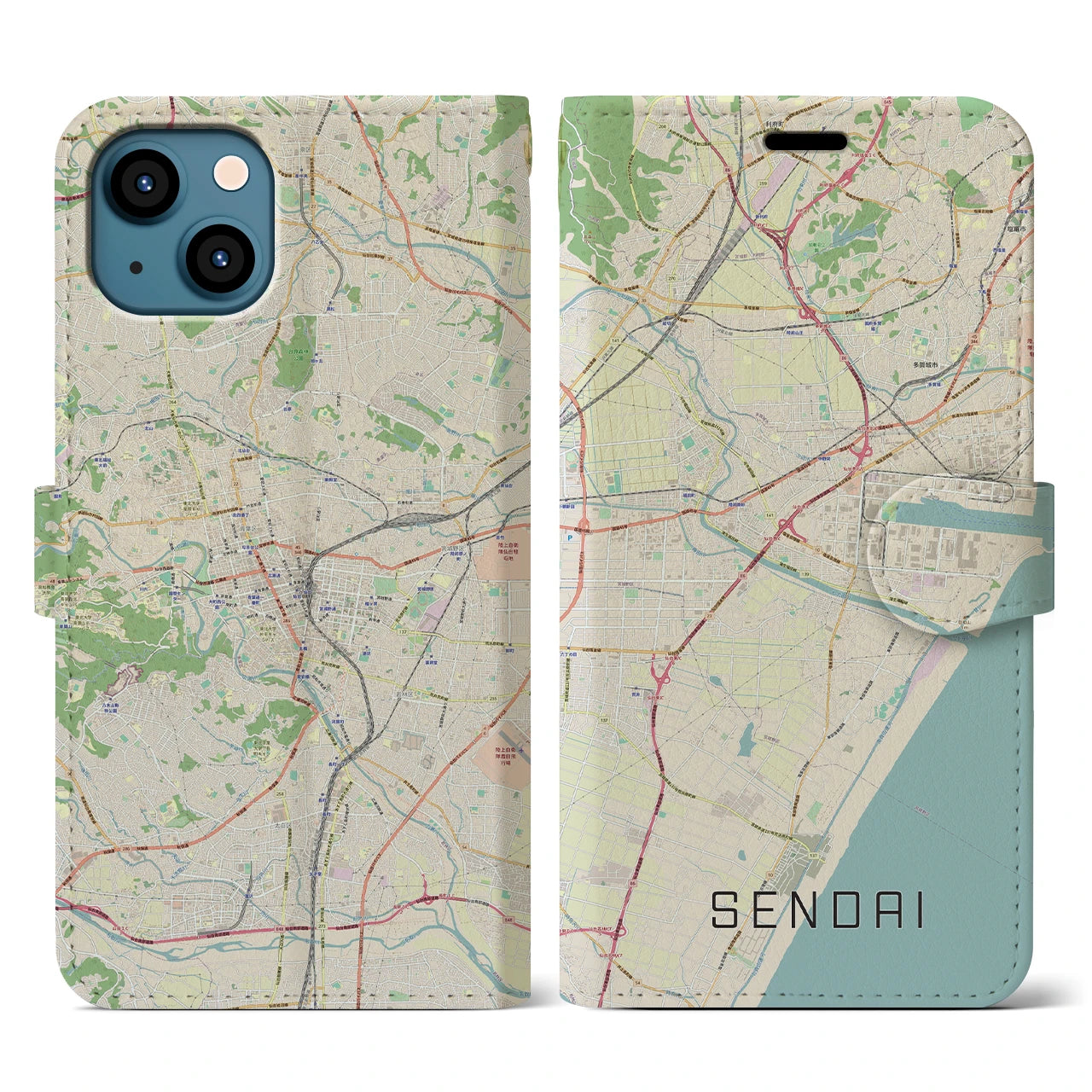 【仙台(宮城県)】地図柄iPhoneケース(手帳タイプ)ナチュラル・iPhone 13 用