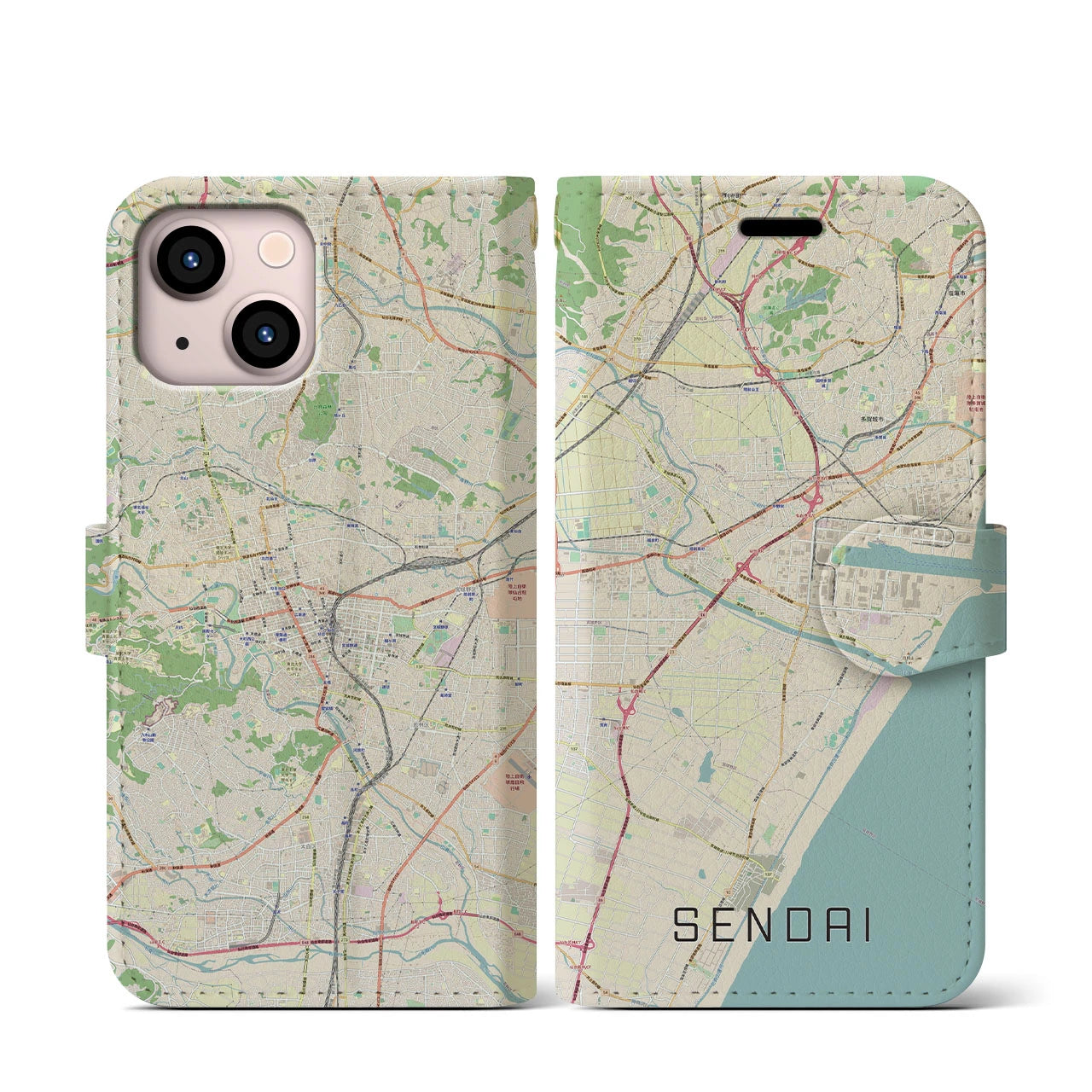 【仙台(宮城県)】地図柄iPhoneケース(手帳タイプ)ナチュラル・iPhone 13 mini 用