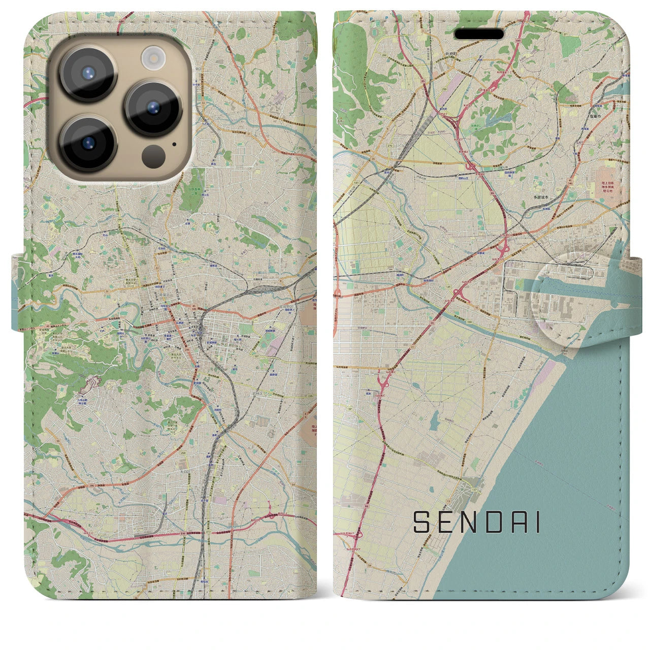 【仙台(宮城県)】地図柄iPhoneケース(手帳タイプ)ナチュラル・iPhone 14 Pro Max 用