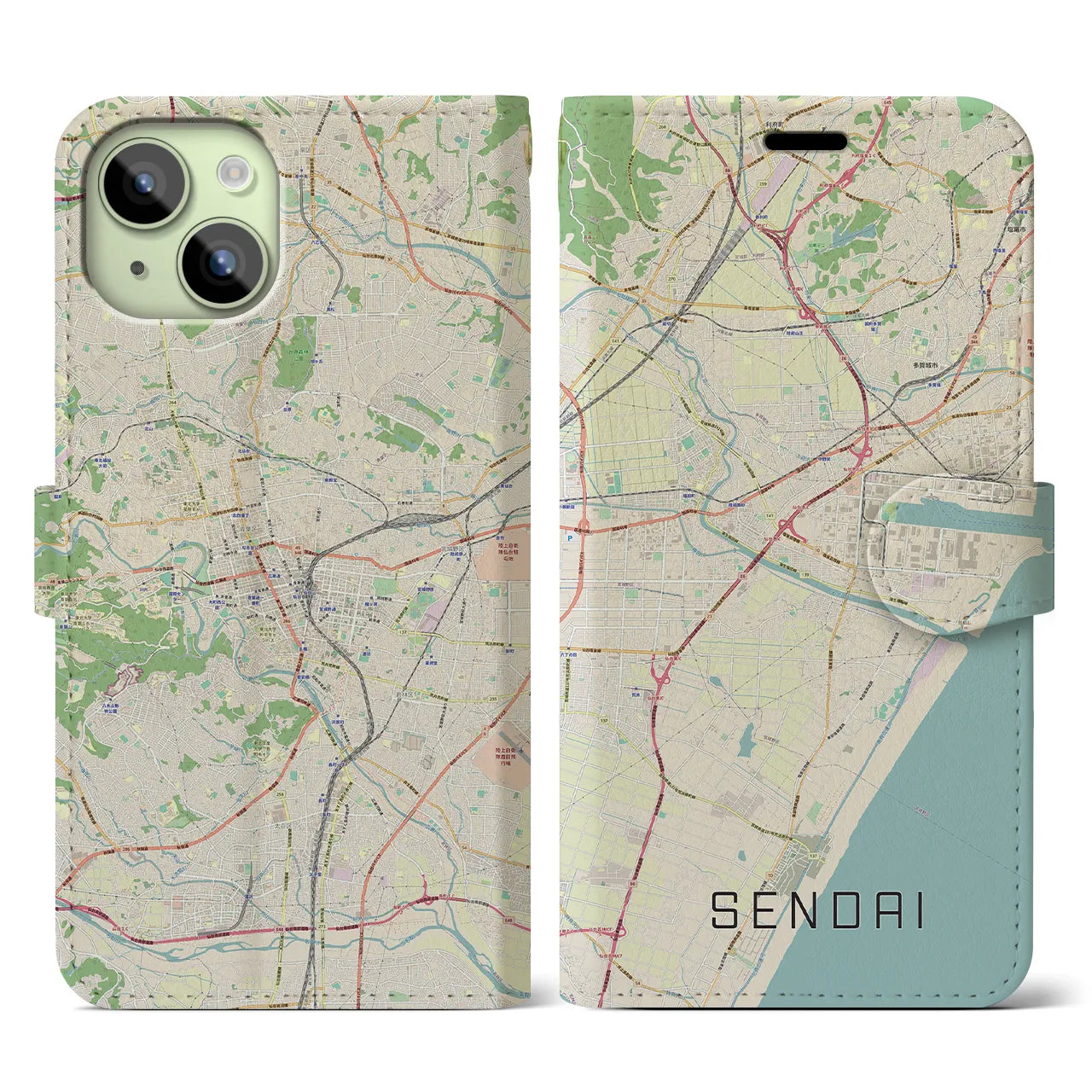 【仙台(宮城県)】地図柄iPhoneケース(手帳タイプ)ナチュラル・iPhone 15 用