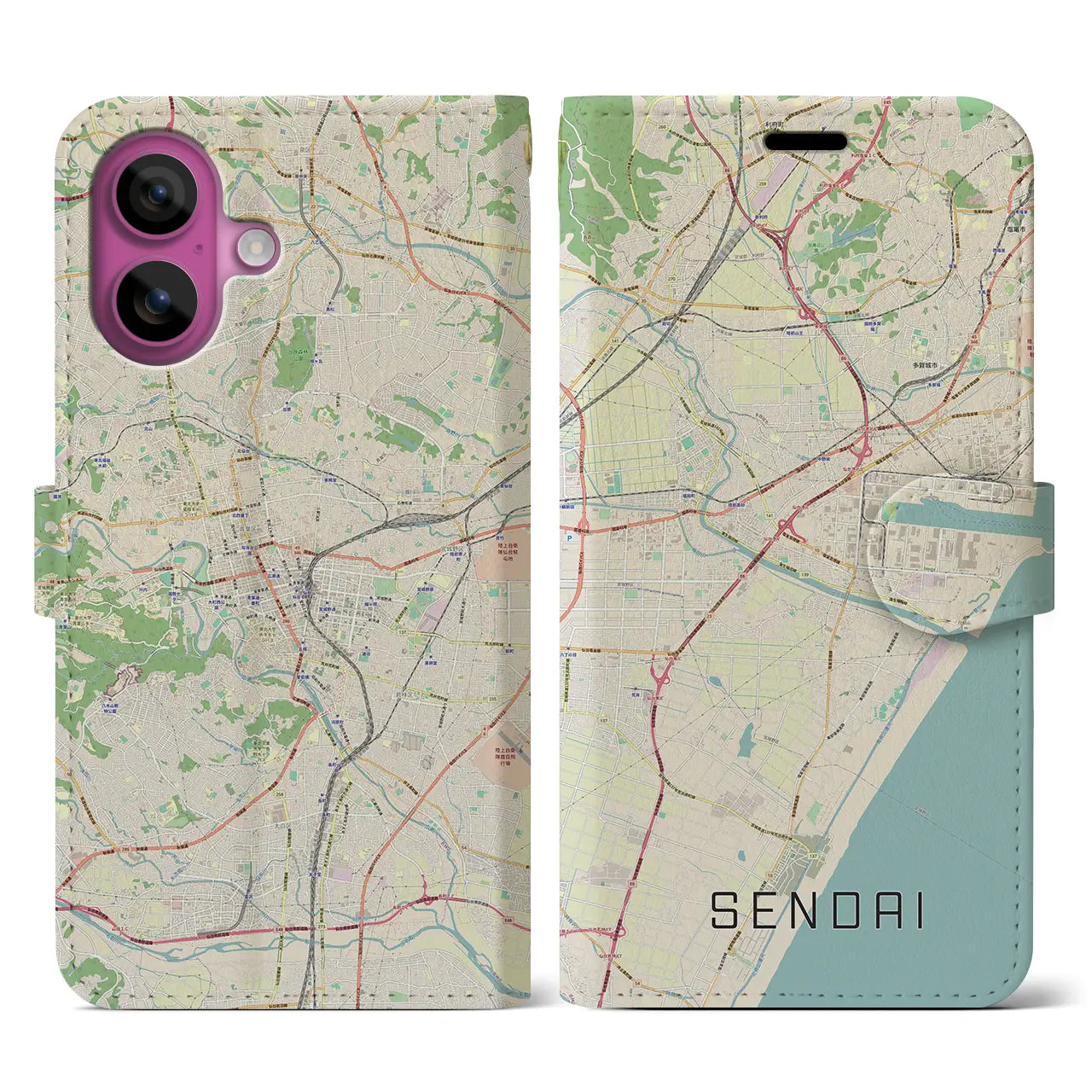 【仙台(宮城県)】地図柄iPhoneケース(手帳タイプ)ナチュラル・iPhone 16 Pro 用