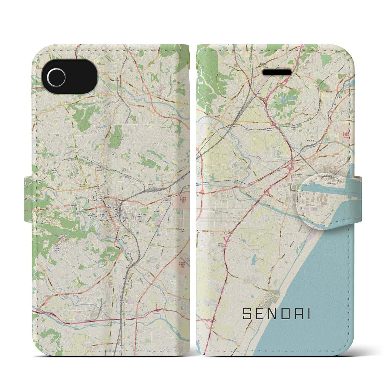 【仙台(宮城県)】地図柄iPhoneケース(手帳タイプ)ナチュラル・iPhone SE(第3 / 第2世代) / 8 / 7 / 6s / 6 用
