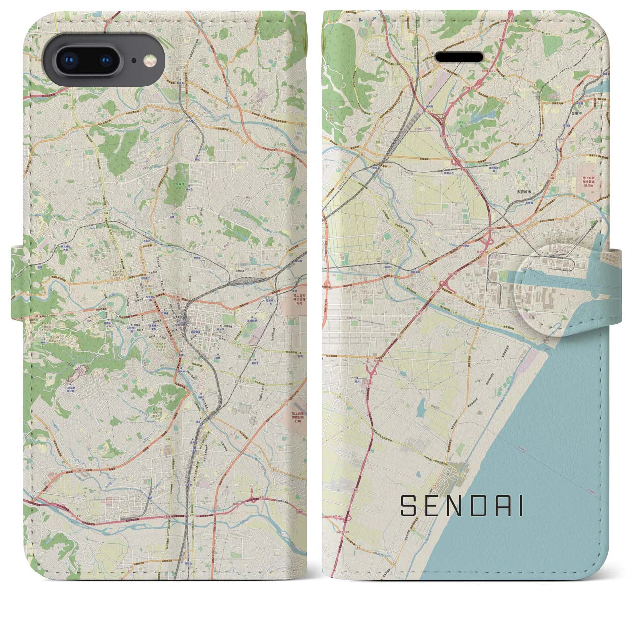 【仙台(宮城県)】地図柄iPhoneケース(手帳タイプ)ナチュラル・iPhone 8Plus /7Plus / 6sPlus / 6Plus 用