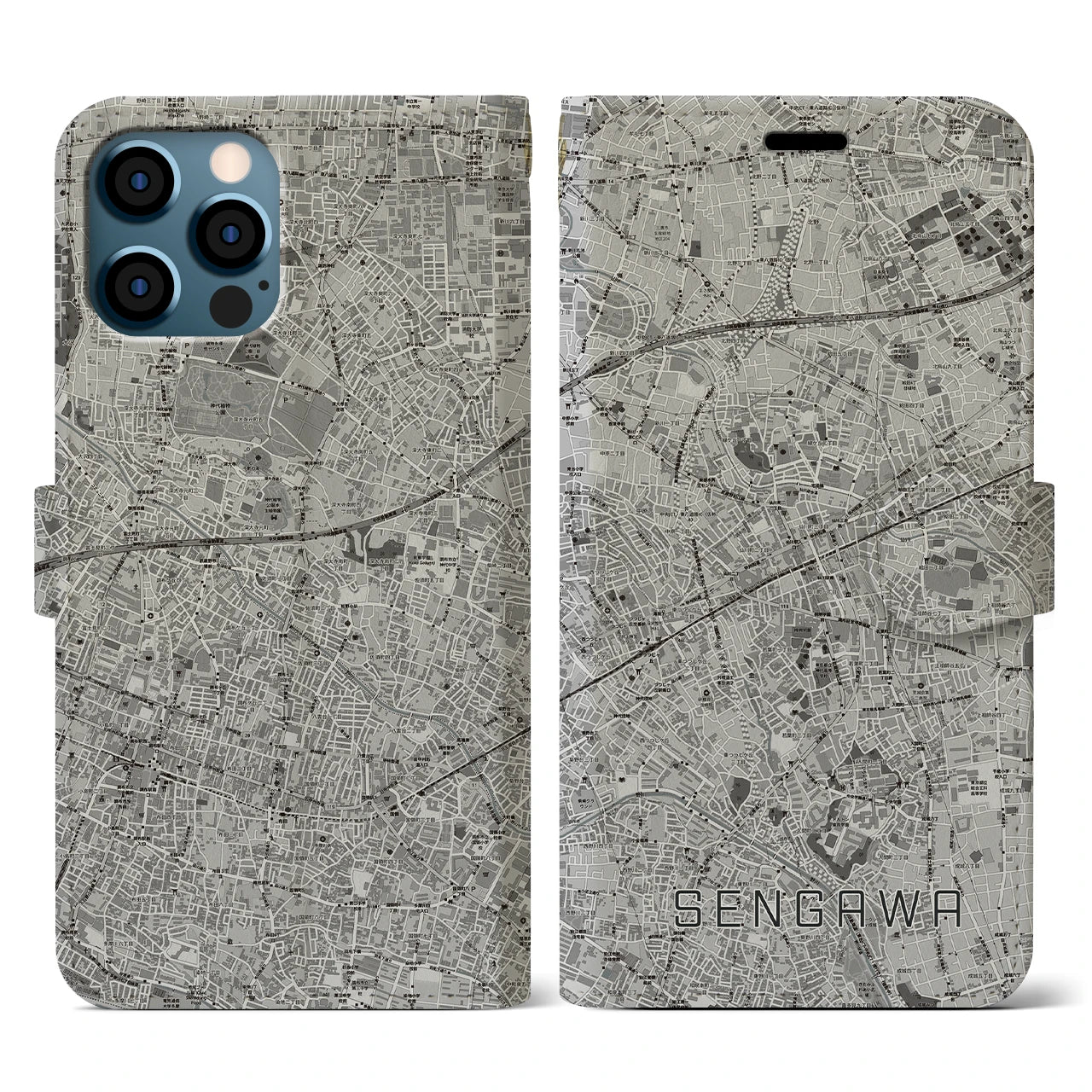 【仙川(東京都)】地図柄iPhoneケース(手帳タイプ)モノトーン・iPhone 12 / 12 Pro 用