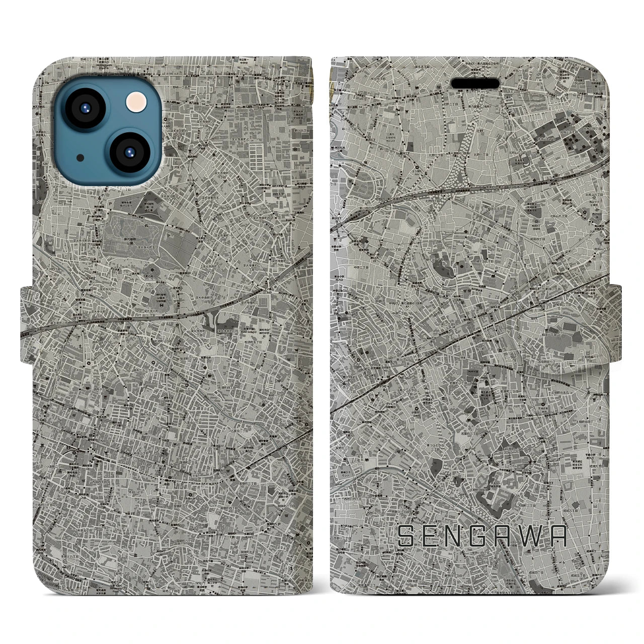 【仙川(東京都)】地図柄iPhoneケース(手帳タイプ)モノトーン・iPhone 13 用