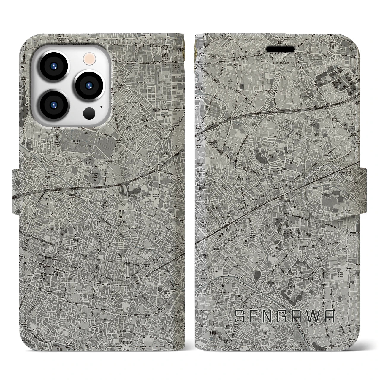 【仙川(東京都)】地図柄iPhoneケース(手帳タイプ)モノトーン・iPhone 13 Pro 用