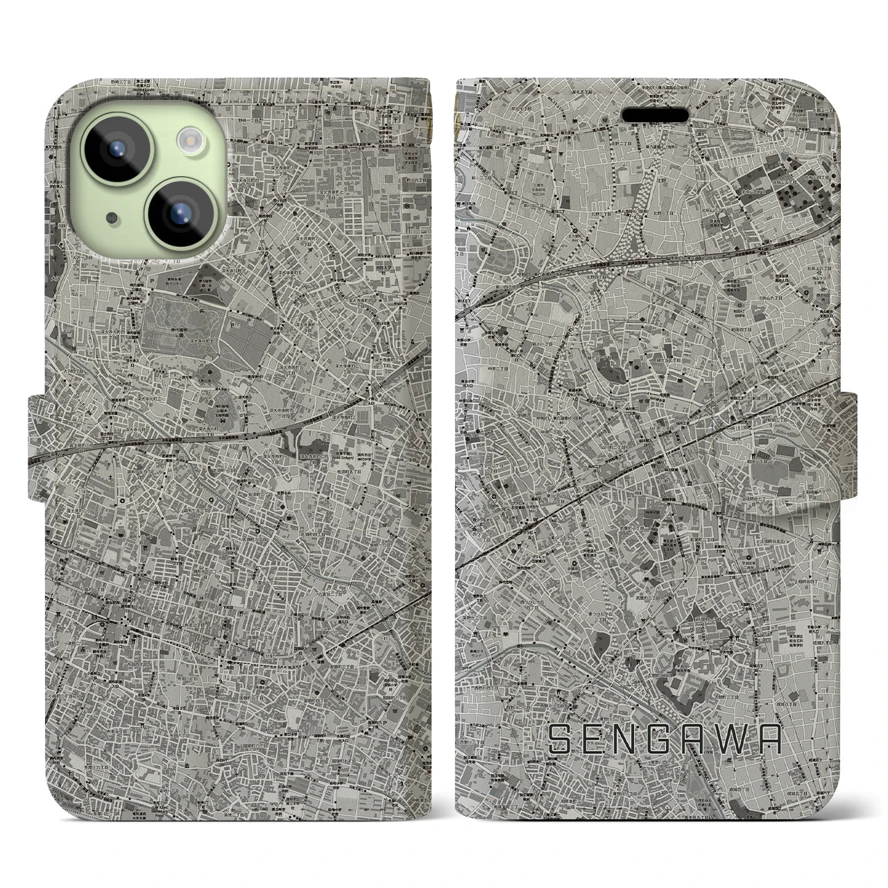 【仙川(東京都)】地図柄iPhoneケース(手帳タイプ)モノトーン・iPhone 15 用