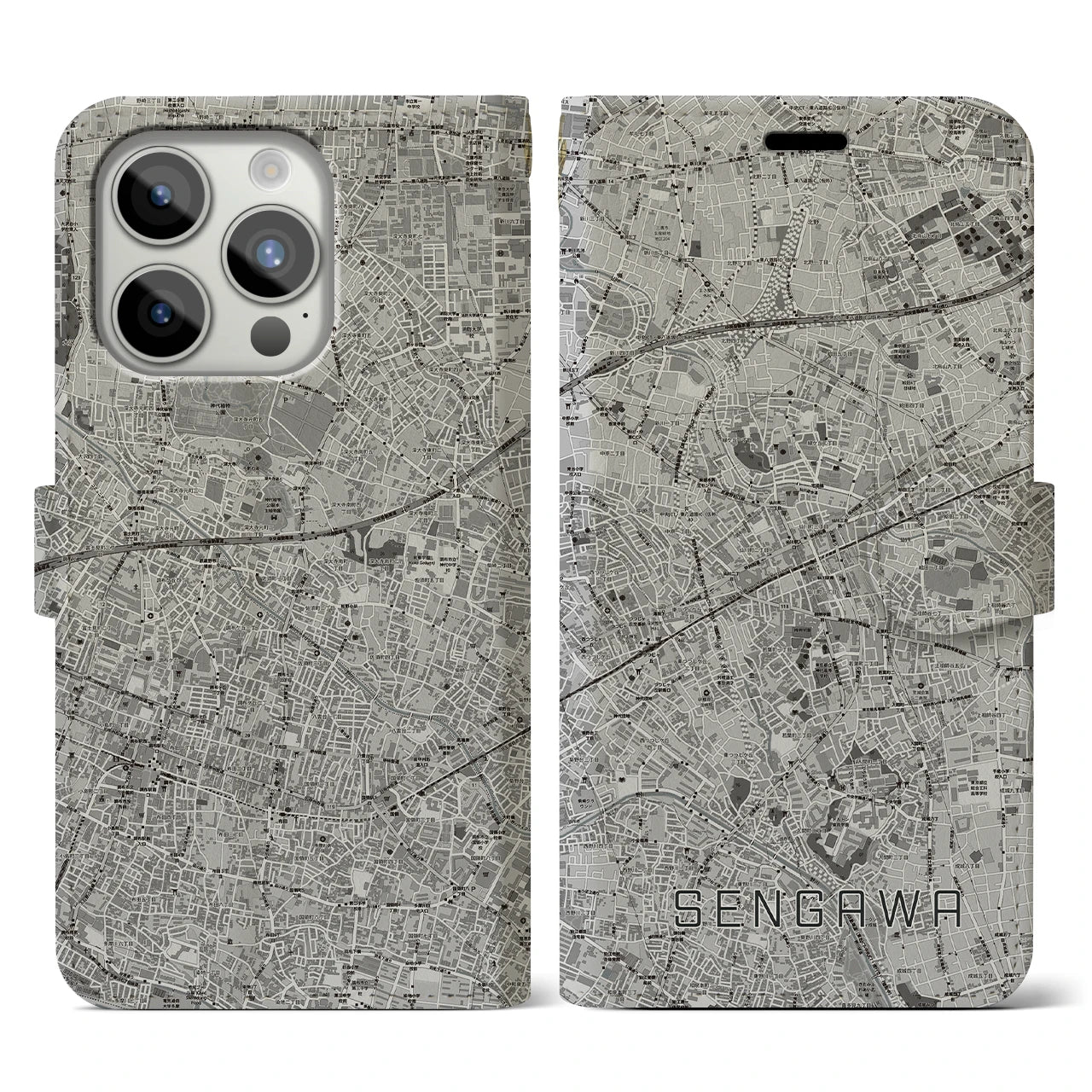 【仙川(東京都)】地図柄iPhoneケース(手帳タイプ)モノトーン・iPhone 15 Pro 用